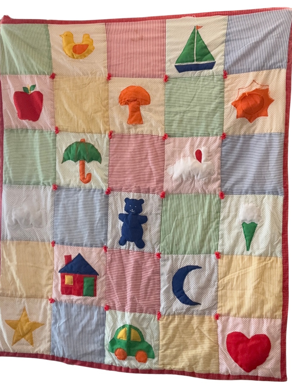 Children's Patchwork Appliqué Quilt - Red Trim, Multicolor Squares